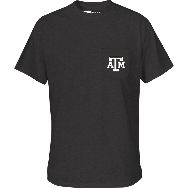 Texas A&M Drake Tailgate T-Shirt featuring a school logo pocket, perfect for game day comfort with a 60% cotton, 40% polyester blend.