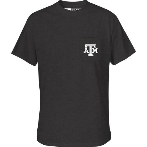 Texas A&M Drake Tailgate T-Shirt featuring a school logo pocket, perfect for game day comfort with a 60% cotton, 40% polyester blend.
