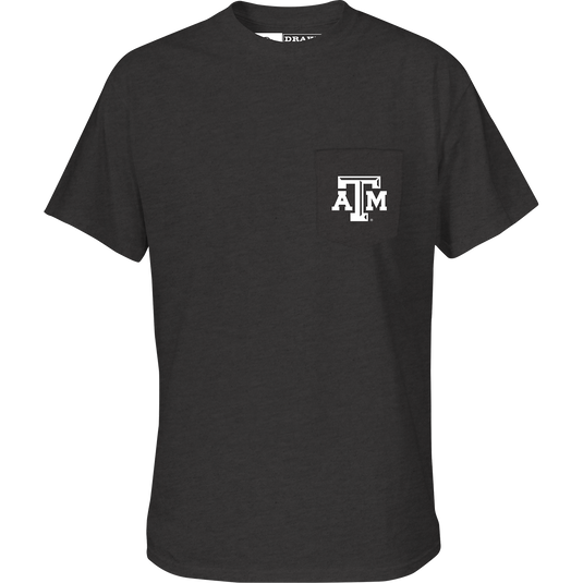 Texas A&M Drake Tailgate T-Shirt featuring a school logo pocket, perfect for game day comfort with a 60% cotton, 40% polyester blend.