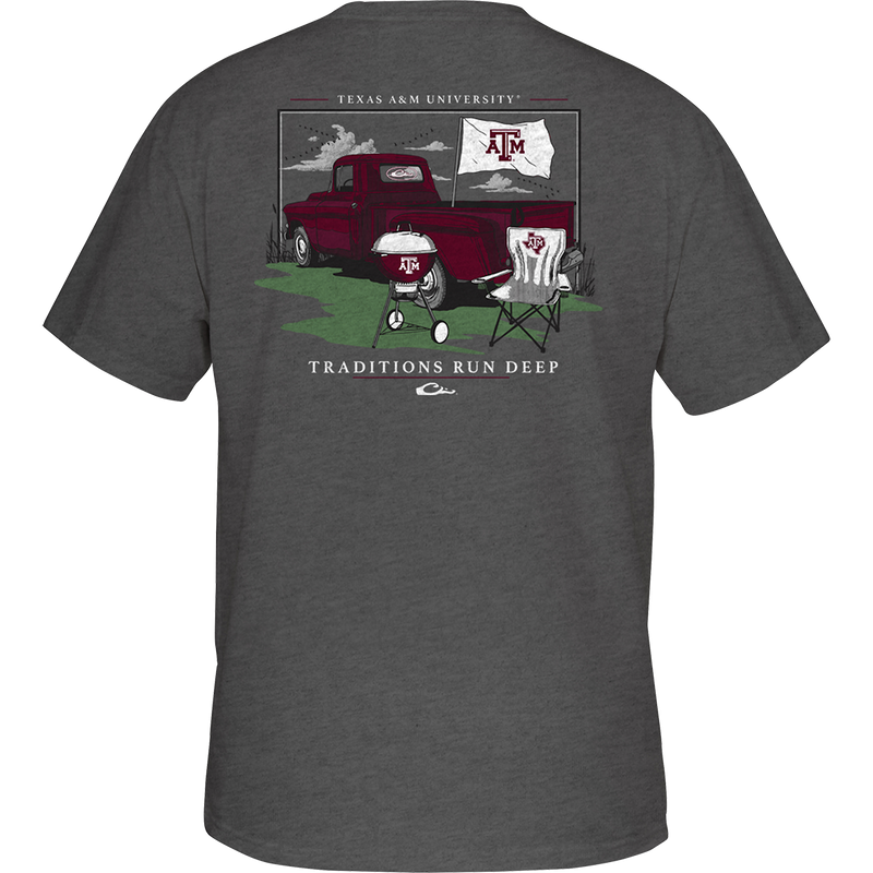 Texas A&M Drake Tailgate T-Shirt featuring a truck, lawn chair, and grill design on the back, perfect for game day celebrations.