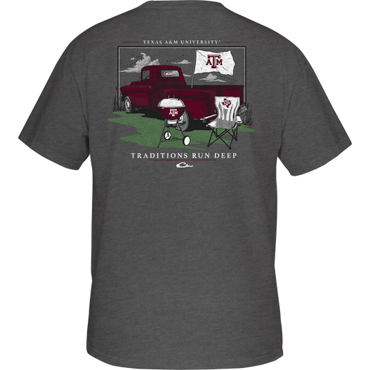 Texas A&M Drake Tailgate T-Shirt featuring a truck, lawn chair, and grill design on the back, perfect for game day celebrations.