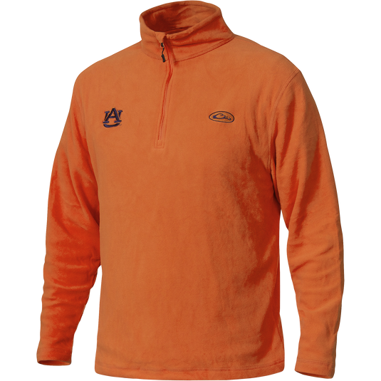 Auburn Camp Fleece Quarter Zip Pullover with embroidered logo on chest, featuring anti-pill micro-fleece for durability and moisture-wicking properties, ideal for layering.