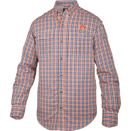 Auburn Gingham Plaid Wingshooter's Shirt L/S with logo, long sleeves, button details, and vented mesh back, ideal for cool weather and outdoor activities.