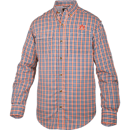 Auburn Gingham Plaid Wingshooter's Shirt L/S with logo, long sleeves, button details, and vented mesh back, ideal for cool weather and outdoor activities.