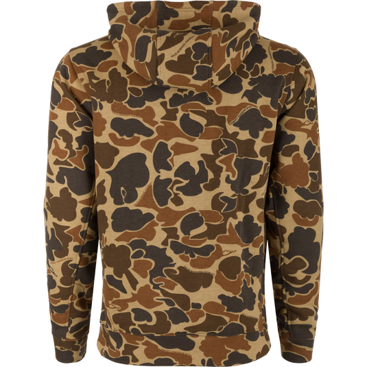 Auburn Three End Hoodie featuring a brown-and-tan camouflage print, showcasing a lined hood with adjustable drawstring and a front kangaroo pocket.