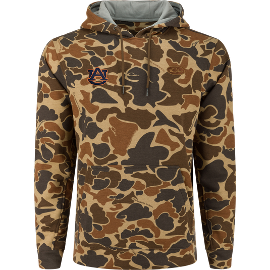 Auburn Three End Hoodie featuring a camouflage pattern with AU logo, kangaroo pocket, and adjustable drawstring hood, designed for comfort and durability in outdoor settings.