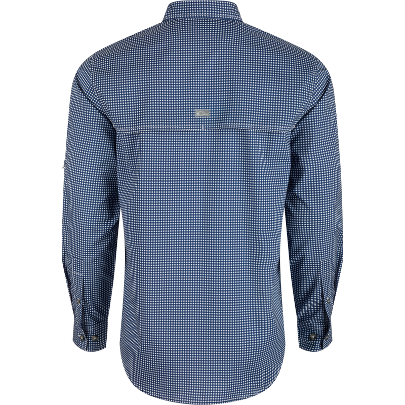 Auburn Frat Gingham Long Sleeve Shirt, back view, lightweight polyester/spandex blend, hidden button-down collar, vented cape back, adjustable roll-up sleeves.