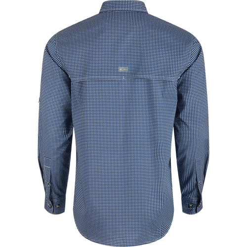Auburn Frat Gingham Long Sleeve Shirt, back view, lightweight polyester/spandex blend, hidden button-down collar, vented cape back, adjustable roll-up sleeves.