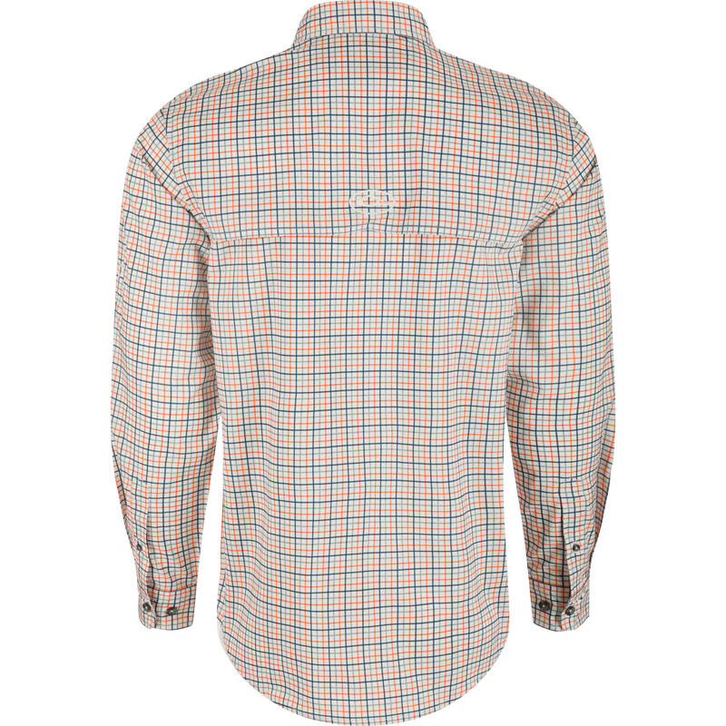 Auburn Frat Tattersall Long Sleeve Shirt - Back view of a white and orange plaid shirt with hidden button-down collar, vented cape back, and two button-through flap chest pockets. Made from lightweight, moisture-wicking fabric with UPF30 sun protection.