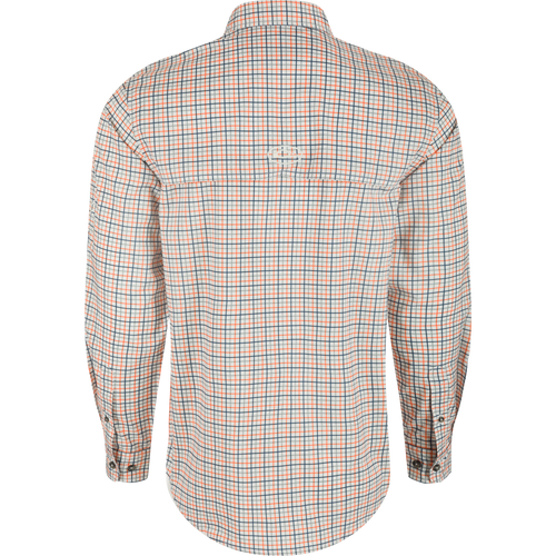 Auburn Frat Tattersall Long Sleeve Shirt - Back view of a white and orange plaid shirt with hidden button-down collar, vented cape back, and two button-through flap chest pockets. Made from lightweight, moisture-wicking fabric with UPF30 sun protection.