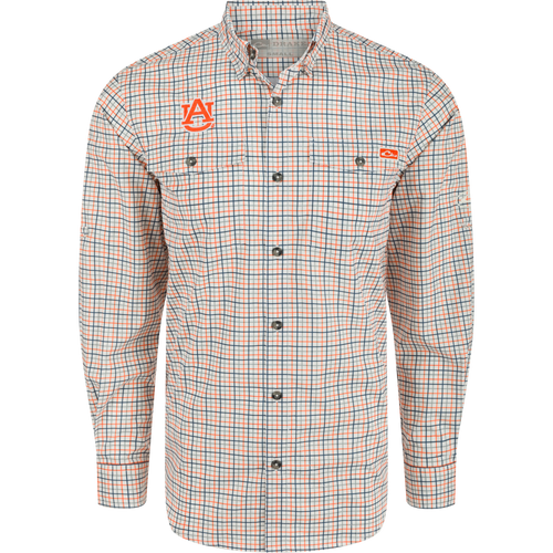 Auburn Frat Tattersall Long Sleeve Shirt with logo, plaid pattern, and hidden button-down collar. Lightweight, moisture-wicking fabric with UPF30 sun protection. Classic fit with vented cape back and adjustable roll-up sleeves.