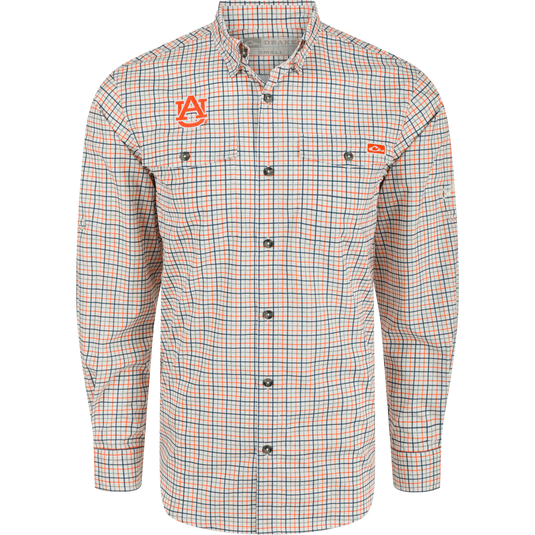 Auburn Frat Tattersall Long Sleeve Shirt with logo, plaid pattern, and hidden button-down collar. Lightweight, moisture-wicking fabric with UPF30 sun protection. Classic fit with vented cape back and adjustable roll-up sleeves.