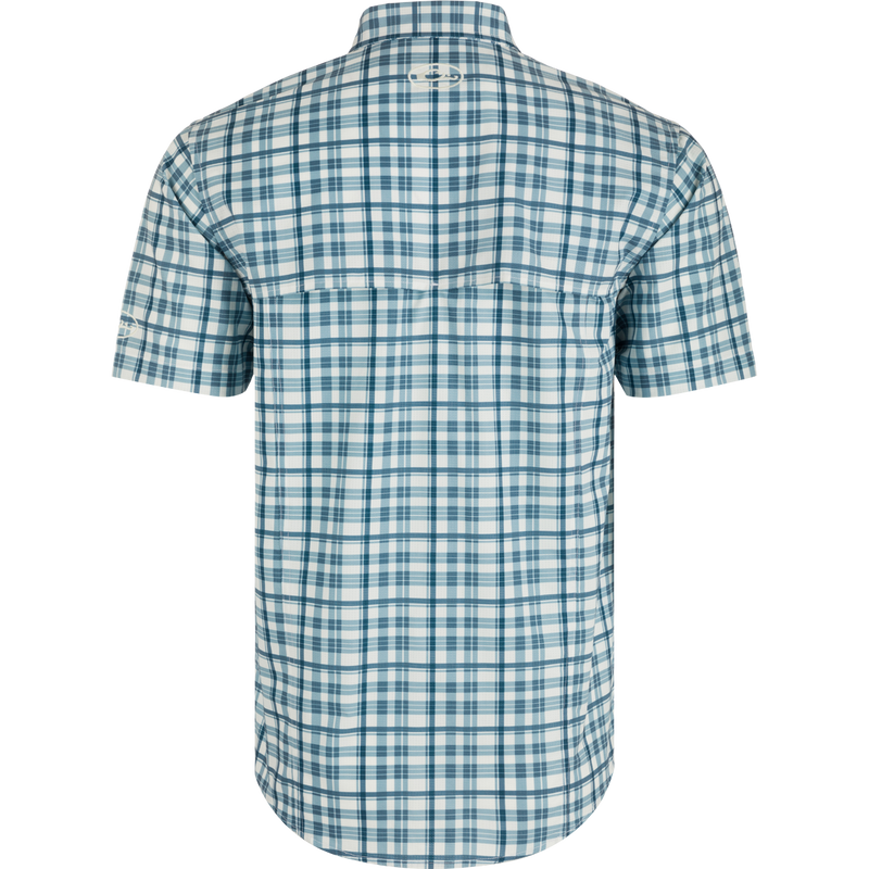 Auburn Hunter Creek Windowpane Plaid Shirt, back view, lightweight polyester with built-in cooling, stretch, UPF 30 sun protection, moisture-wicking, hidden button-down collar, vented cape back, chest pockets, sculpted hem.