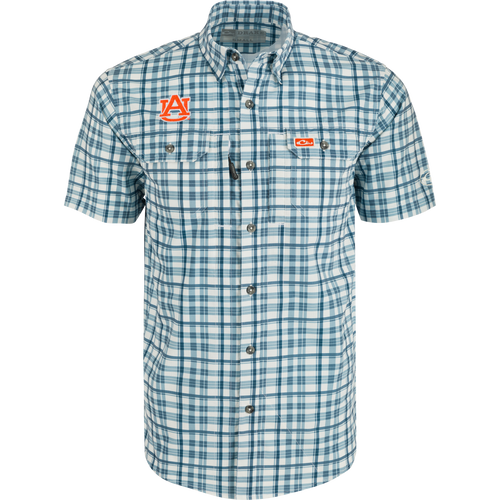 Auburn Hunter Creek Windowpane Plaid Short Sleeve Shirt - A lightweight, moisture-wicking shirt with hidden button-down collar and vented cape back.