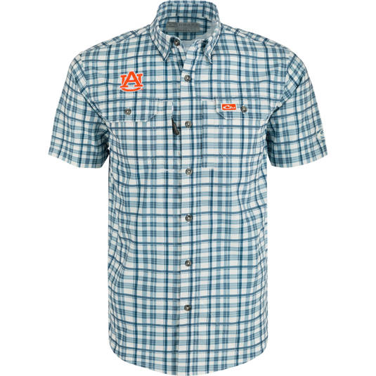 Auburn Hunter Creek Windowpane Plaid Short Sleeve Shirt - A lightweight, moisture-wicking shirt with hidden button-down collar and vented cape back.