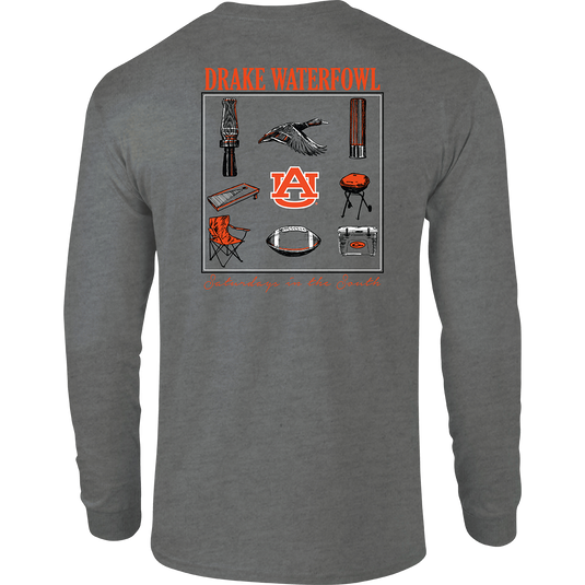 Auburn Sportsman T-Shirt: Back artwork of items used on Saturdays in the South with school's logo on a grey long sleeve tee.