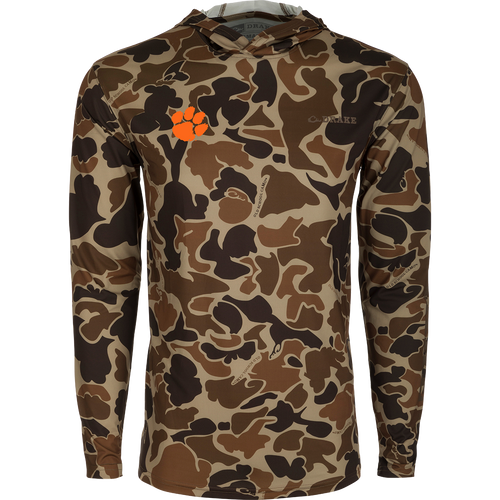 Clemson Performance Long Sleeve Camo Hoodie - A lightweight, versatile hoodie with a camouflage pattern and logo. Built-in cooling, UPF 50, moisture-wicking, and quick-drying fabric for exceptional functionality. Perfect for hunting and outdoor activities.