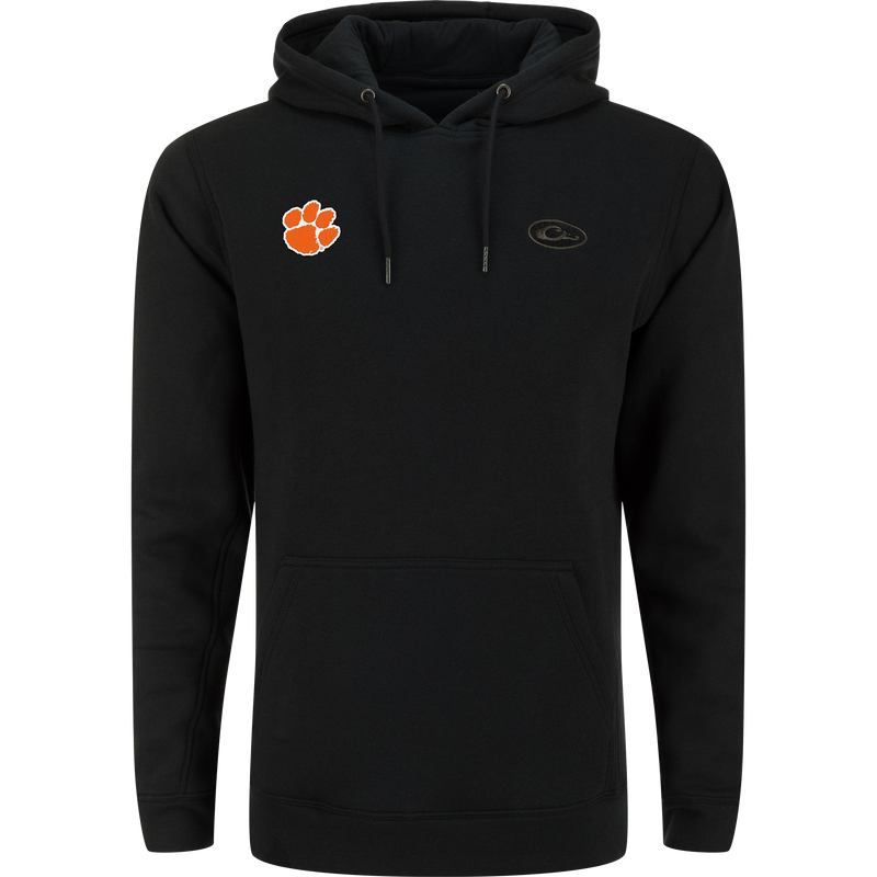 Clemson Three End Hoodie featuring a black design with a kangaroo pocket, orange paw-print, and oval logo, ideal for casual or outdoor wear.