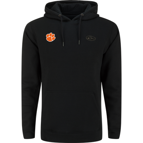 Clemson Three End Hoodie featuring a black design with a kangaroo pocket, orange paw-print, and oval logo, ideal for casual or outdoor wear.