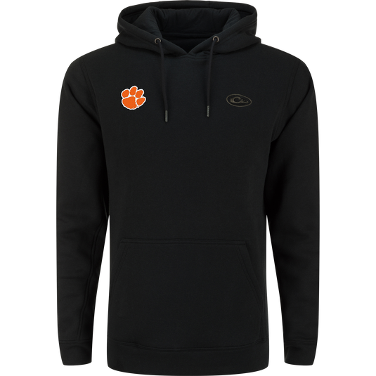 Clemson Three End Hoodie featuring a black design with a kangaroo pocket, orange paw-print, and oval logo, ideal for casual or outdoor wear.