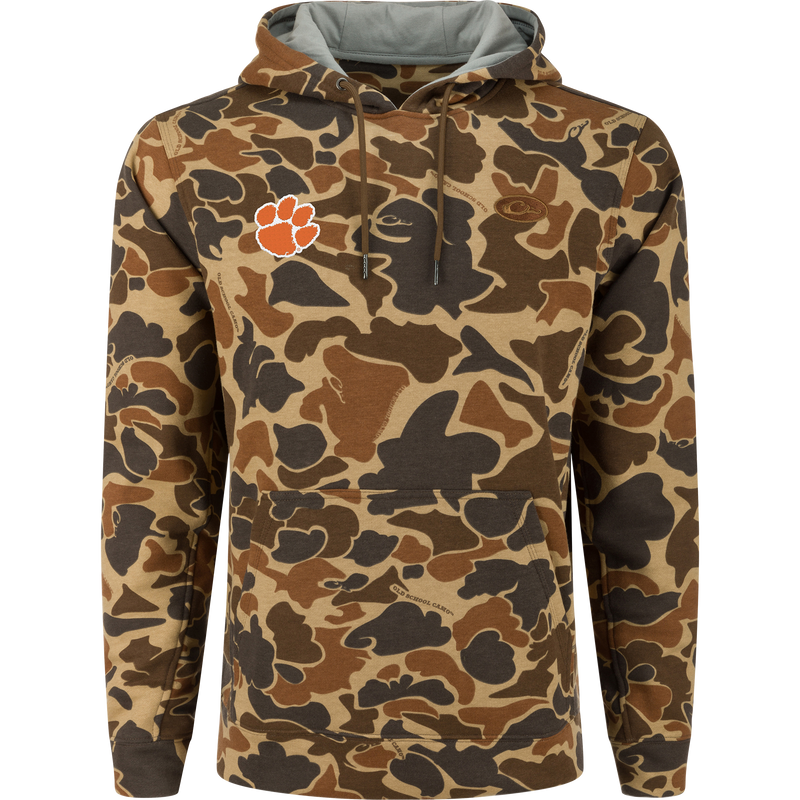 Clemson Three End Hoodie featuring a camouflage print, kangaroo pocket, adjustable drawstring hood, and orange paw-print logo on the chest.