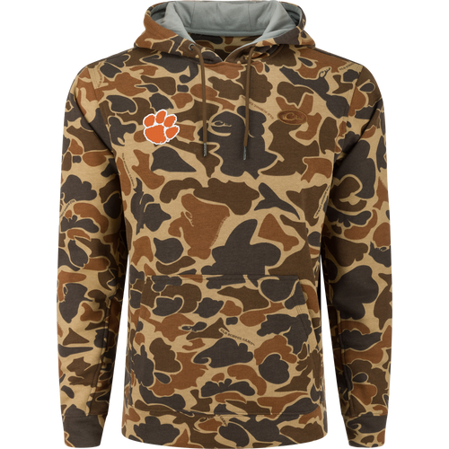 Clemson Three End Hoodie featuring a camouflage print, kangaroo pocket, adjustable drawstring hood, and orange paw-print logo on the chest.