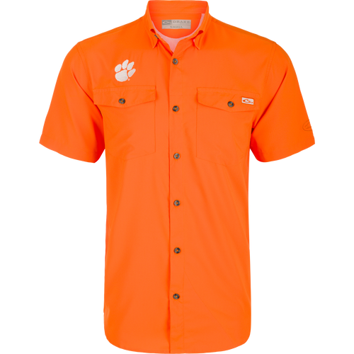 Clemson Frat Dobby Solid Short Sleeve Shirt: Orange shirt with logo and paw print, hidden button-down collar, vented cape back, and two chest pockets.
