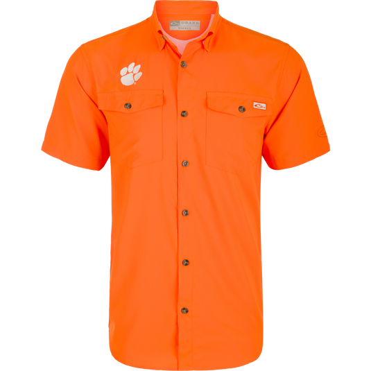 Clemson Frat Dobby Solid Short Sleeve Shirt: Orange shirt with logo and paw print, hidden button-down collar, vented cape back, and two chest pockets.