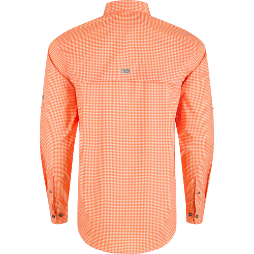 Clemson Frat Gingham Long Sleeve Shirt, lightweight performance fabric with hidden button-down collar, vented cape back, and adjustable roll-up sleeves.