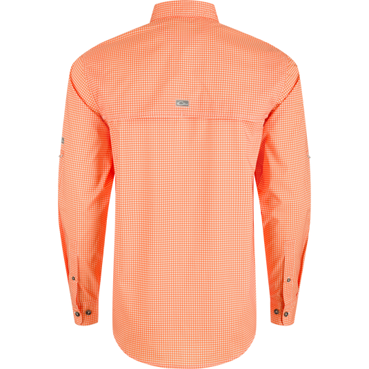 Clemson Frat Gingham Long Sleeve Shirt, lightweight performance fabric with hidden button-down collar, vented cape back, and adjustable roll-up sleeves.