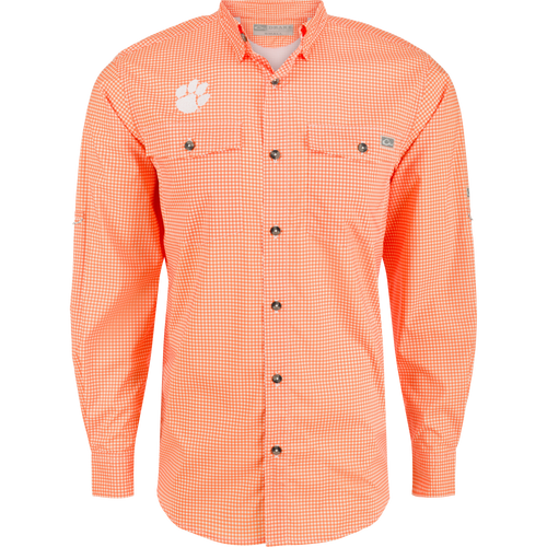 Clemson Frat Gingham shirt with hidden collar, chest pockets, and adjustable sleeves. Lightweight, stretchy, and moisture-wicking fabric.
