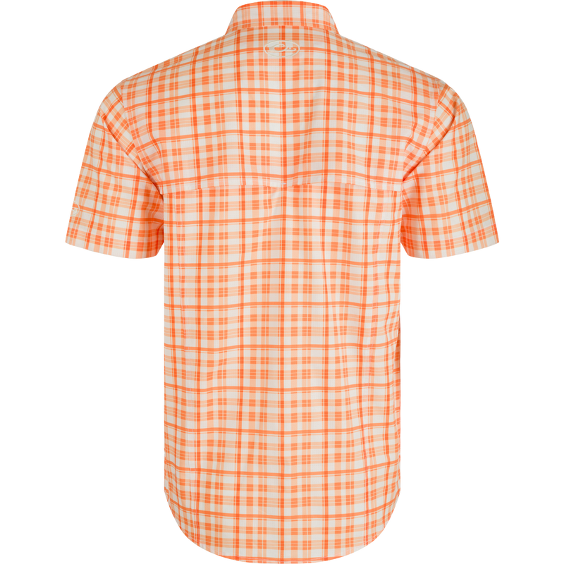 Clemson Hunter Creek Windowpane Plaid Short Sleeve Shirt, back view. Lightweight polyester with built-in cooling, stretch, and UPF 30 sun protection. Moisture-wicking and quick-drying. Hidden button-down collar and vented cape back. Two chest pockets. Sculpted hem.