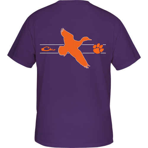 A purple shirt with a flying duck and Clemson logo, representing college team spirit and the Drake brand.