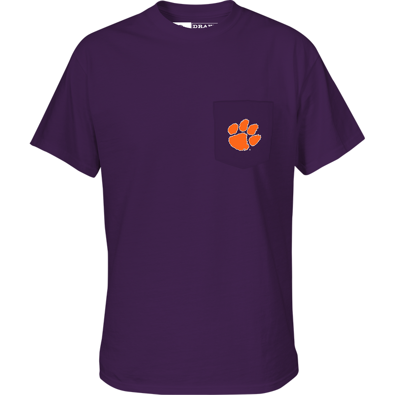 Clemson Black Lab T-Shirt with school logo on chest pocket and black lab head scene on back. Purewhitelaneshop branding.