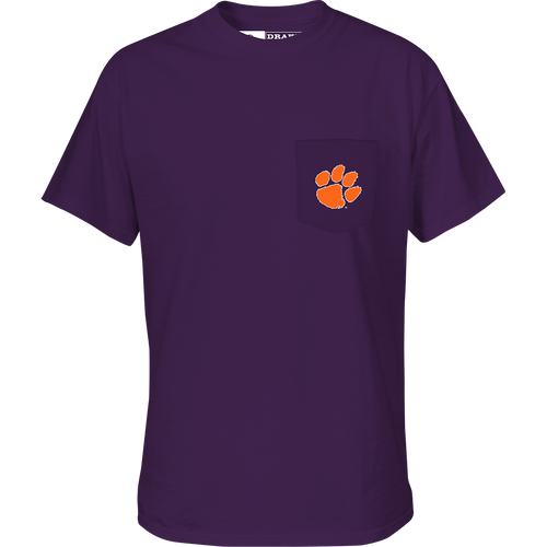 Clemson Black Lab T-Shirt with school logo on chest pocket and black lab head scene on back. Purewhitelaneshop branding.