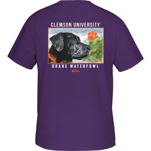 Clemson Black Lab T-Shirt: Back of purple shirt with a dog scene featuring your school's logo and 