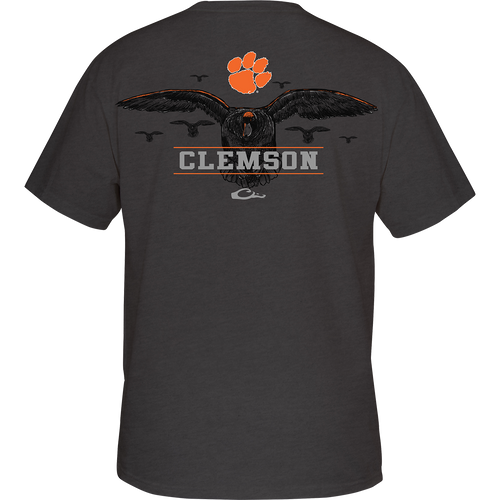 Clemson Cupped Up T-Shirt: Back of grey shirt with eagle and paw print, front features school logo. Perfect for duck season.