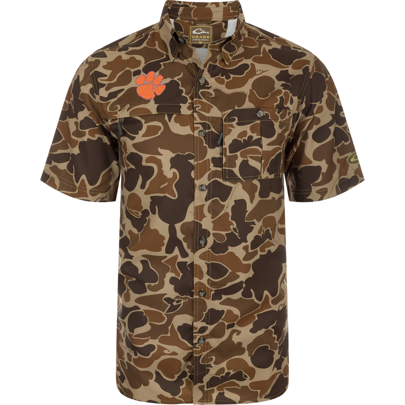 Clemson 8-Shot Short Sleeve Shirt with camouflage pattern, featuring button-down collar, chest pockets, and embroidered paw-print logo, designed for moisture wicking and sun protection.