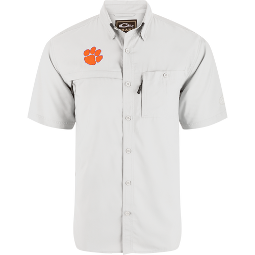 Clemson 8-Shot Short Sleeve Shirt with point collar, dual chest pockets, and embroidered tiger-paw logo; designed for comfort with moisture-wicking and sun protection features.