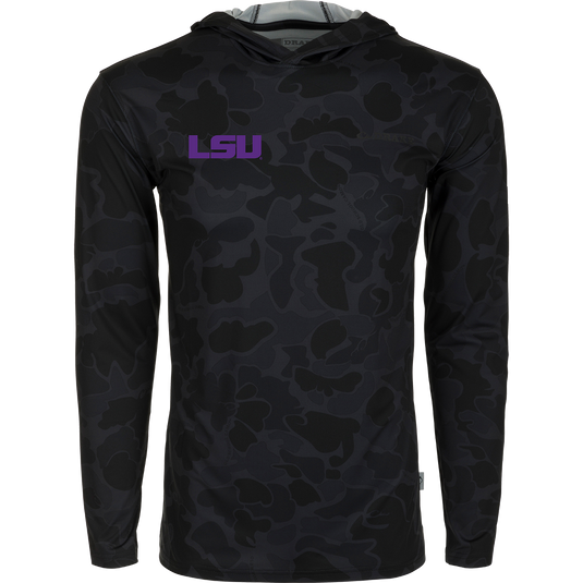 LSU Performance Long Sleeve Camo Hoodie - A versatile, lightweight hoodie with cooling, stretch, and moisture-wicking features. Perfect for outdoor activities.