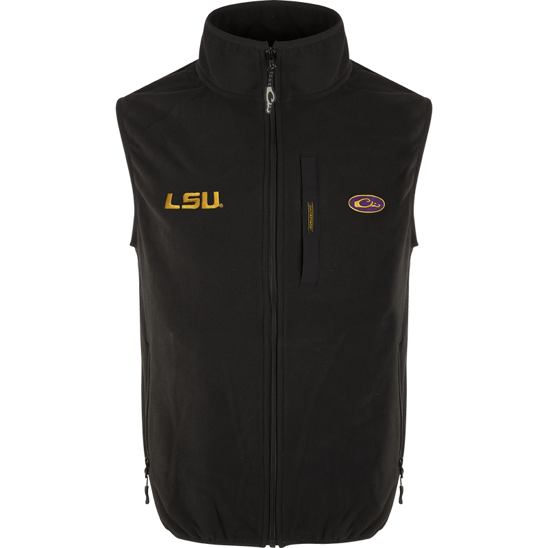 A black Windproof Layering Vest with LSU logo embroidery on the right chest. Features include a stand-up collar, Magnattach™ left chest pocket, and lower hand warmer pockets. Made of 100% polyester, this vest is windproof, water-resistant, and ultra-warm. Perfect for outdoor activities.