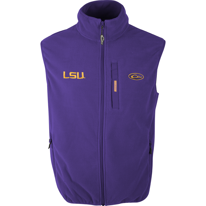 A close-up of the LSU Camp Fleece Vest with windproof barrier, stand-up collar, and multiple pockets.