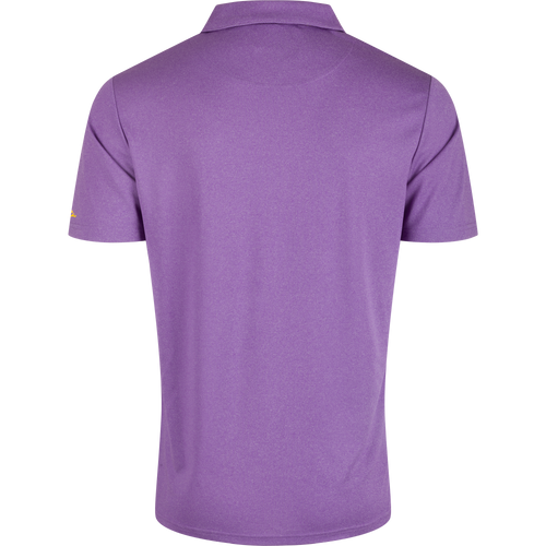 LSU Vintage Heather Polo, a four-way stretch shirt with a vintage heather finish. Quick-drying, moisture-wicking, and breathable for ultimate comfort. Features the official LSU logo on the left chest. Perfect for tailgating and celebrating.