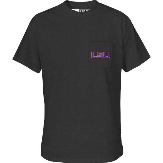 LSU Beach T-Shirt with school logo on chest pocket and beach scene on back. Cotton/poly blend tee for game day colors. Final Sale.