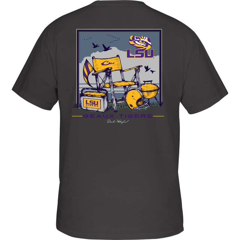LSU Beach T-Shirt: Back of a t-shirt with a picnic table, flag, and beach scene featuring your school's logo. Front left chest has your school's logo on a pocket.