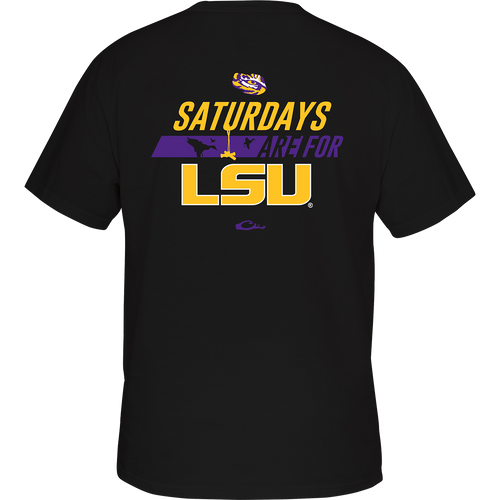 LSU Saturdays T-Shirt: Back of black shirt with stylized yellow and purple text featuring school logo. Front chest pocket displays Drake logo in school colors.
