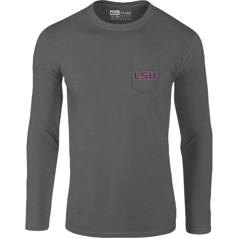 LSU Sportsman T-Shirt: A long-sleeved tee with a stylized scene showcasing items used on 