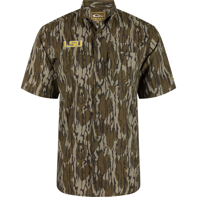LSU 8-Shot Short Sleeve Shirt with camo print, featuring a spread collar, two chest pockets, and embroidered logo on the left pocket flap.