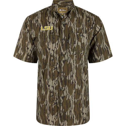 LSU 8-Shot Short Sleeve Shirt with camo print, featuring a spread collar, two chest pockets, and embroidered logo on the left pocket flap.