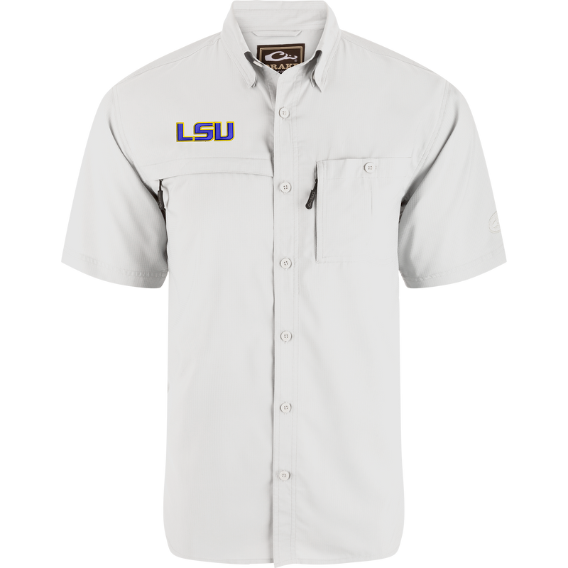 LSU 8-Shot Short Sleeve Shirt with vented cape back, zippered chest pockets, embroidered LSU logo, designed for moisture-wicking and sun protection, perfect for outdoor activities.